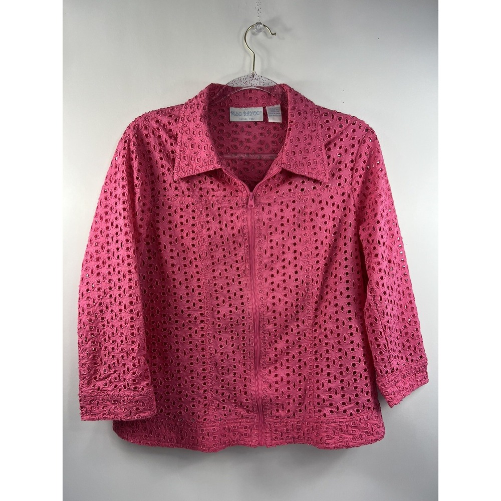 Bleu Bayou Jacket Women's Sz XL Pink Eyelet 3/4 Sleeve Full Zip Blazer